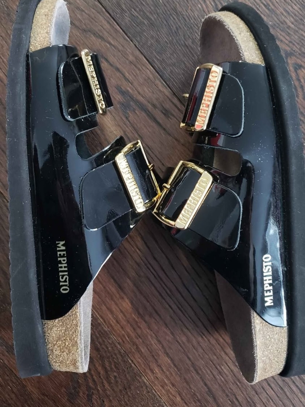 Mephisto Women's Black Patent Double-Buckle Slide Sandals with Gold Hardware